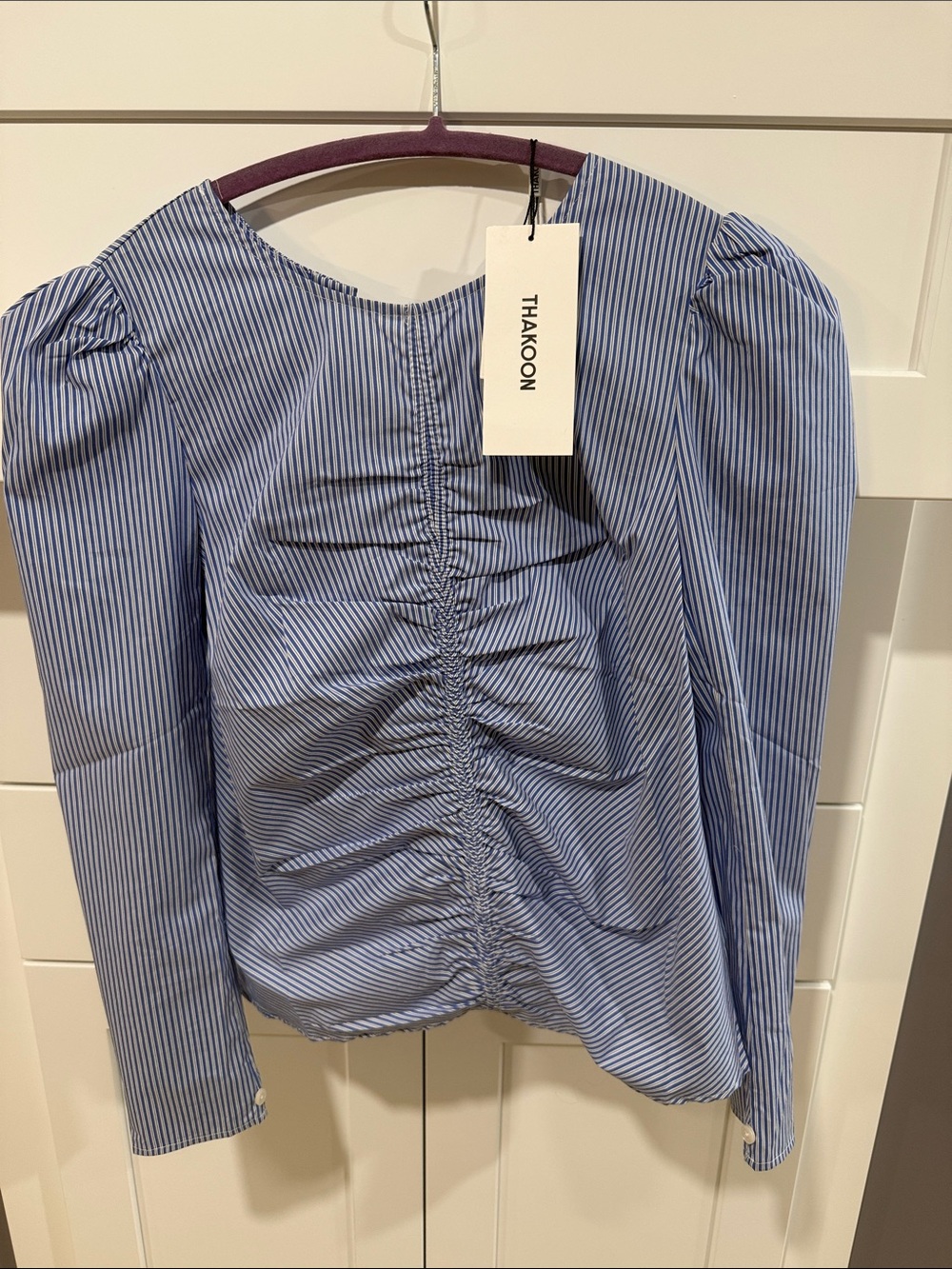 Thakoon Blue and White Pinstripe Ruched Puff-Sleeve Blouse